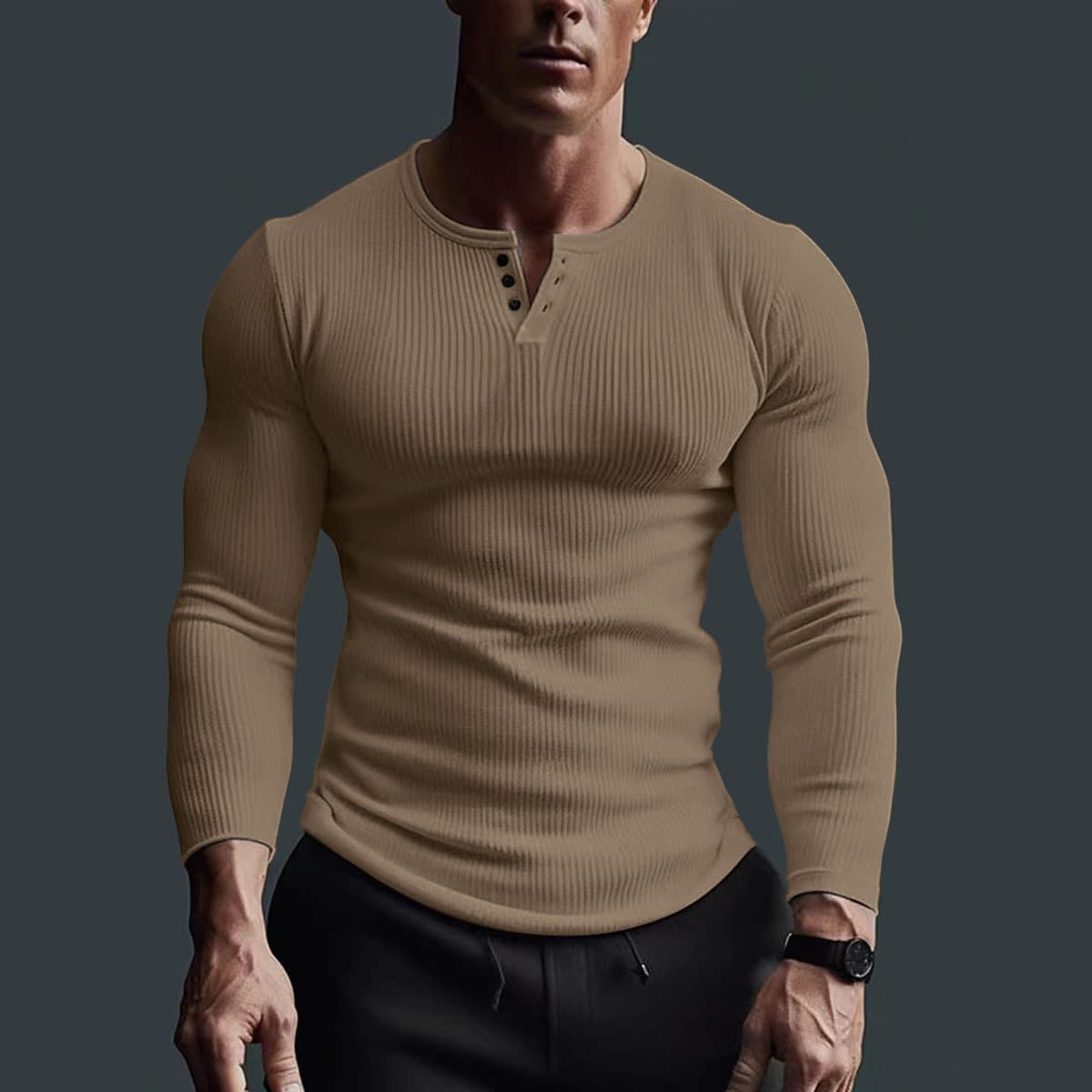 Men's Clothing Men's Long Sleeved Tops Fitness High Elastic Bottoming Shirt Men's Buttoned V Neck Solid Color Large Size Casual T Shirt