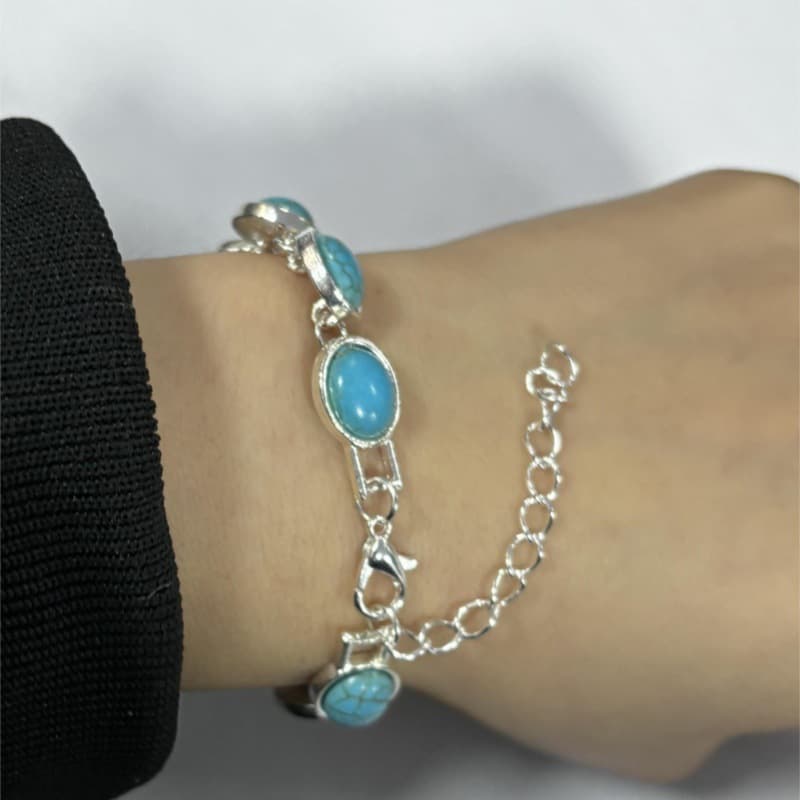New Natural Turquoise Inlaid Alloy Bracelet Bohemian Style Jewelry
