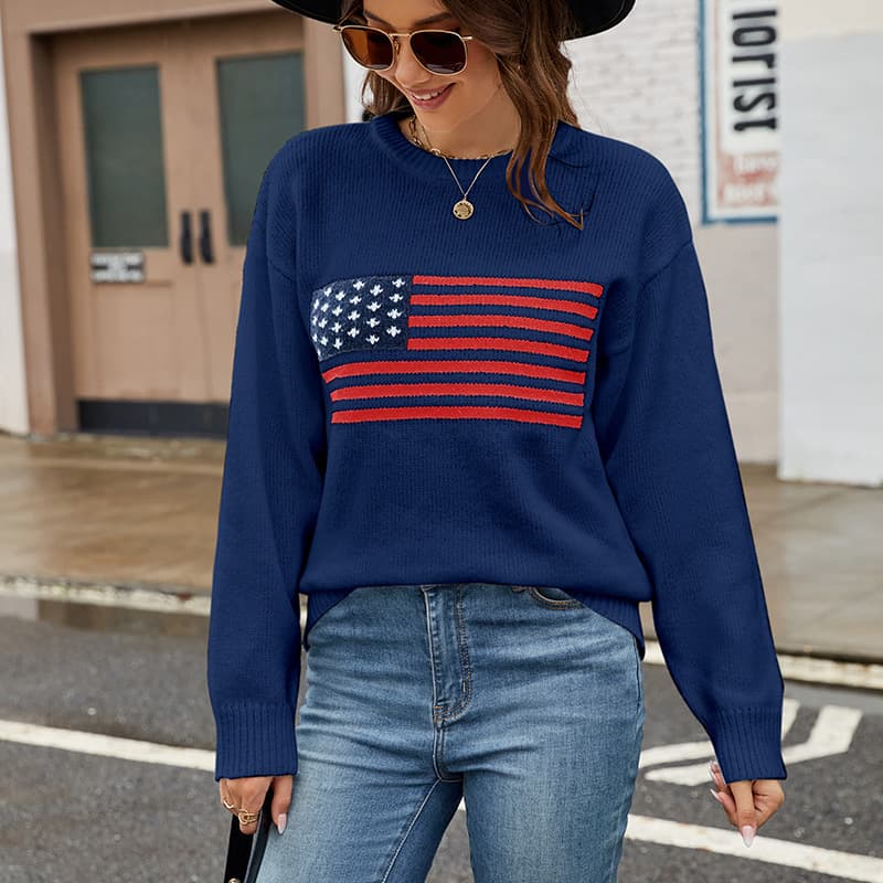 Patriotic Flag Knit Sweater – Stylish Polyester Pullover For Easter & Independence Day Fashion Sweater Women