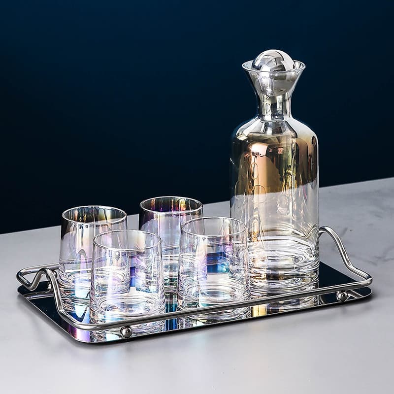 Nordic-Inspired Glass Water Pitcher Set With 5/6 Matching Tumblers – Modern Smoke Grey/Amber/Iridescent Finish – 1.2L BPA-Free Carafe For Iced Tea