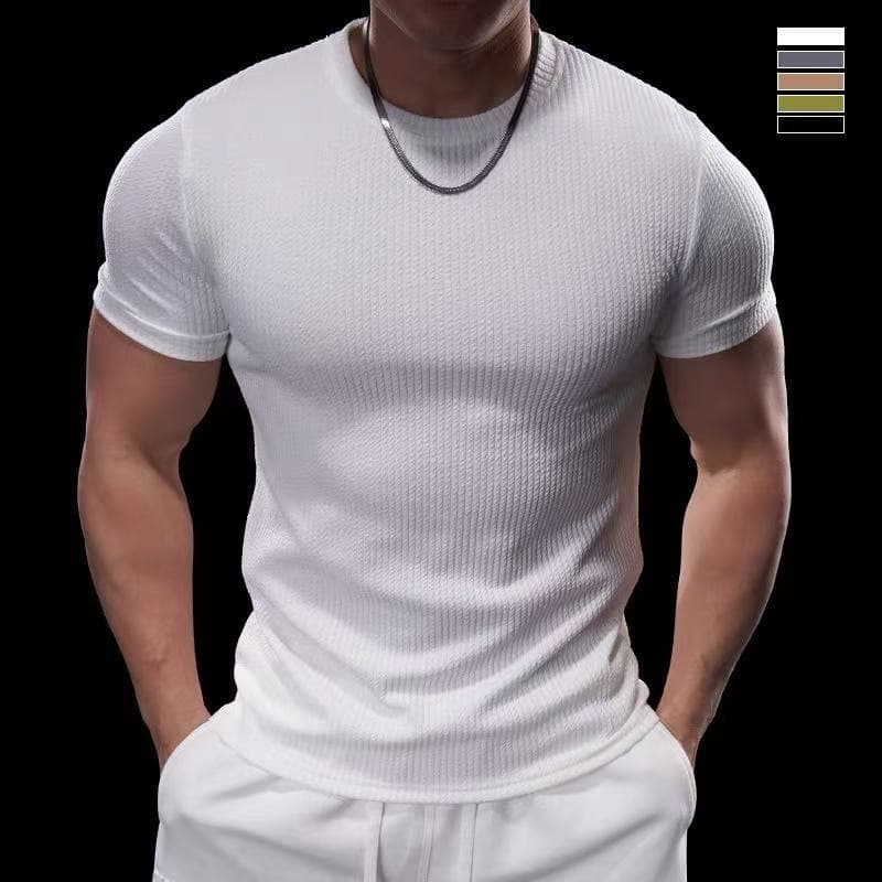 Men's Clothing Sports T Shirt Fitness Clothes Short Sleeves Textured Cuffs Quick Drying Muscle Elastic Slim Fit Shirts