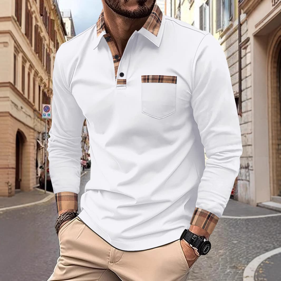 ​Men's Casual Contrast Color Plaid Collar Long Sleeve Polo Shirt - Breathable Mesh Fabric, Slim Fit, Spring & Autumn Essential​