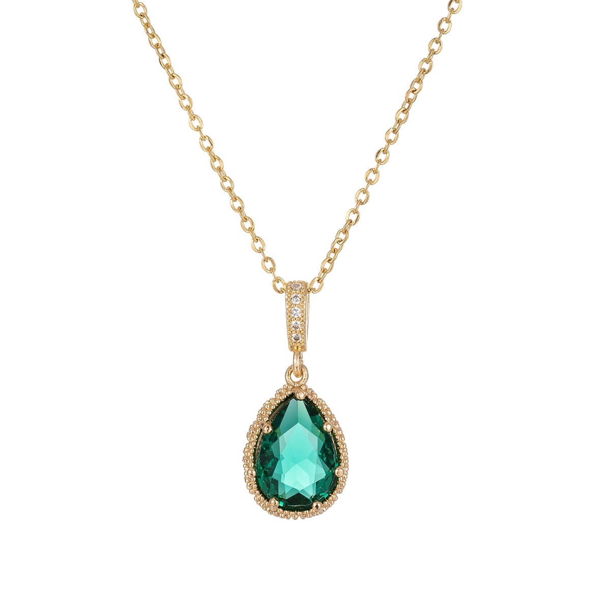 New teardrop shaped faceted super shiny gold zircon pendant simple colorful green crystal stainless steel chain necklace accessories