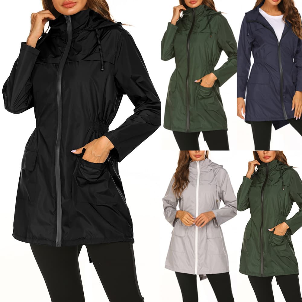 Women's Outdoor Mountaineering Raincoat Long Hooded Waist Windbreaker Zipper Waterproof Jacket Jacket