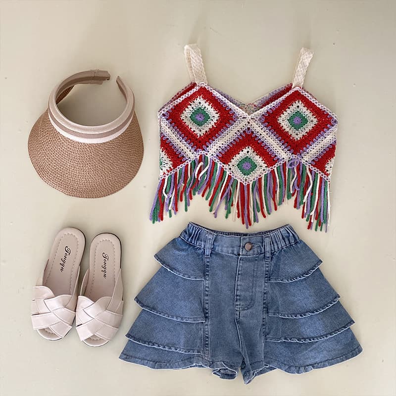 Kids Clothing hollow knitted tassel suspender top denim cake shorts set