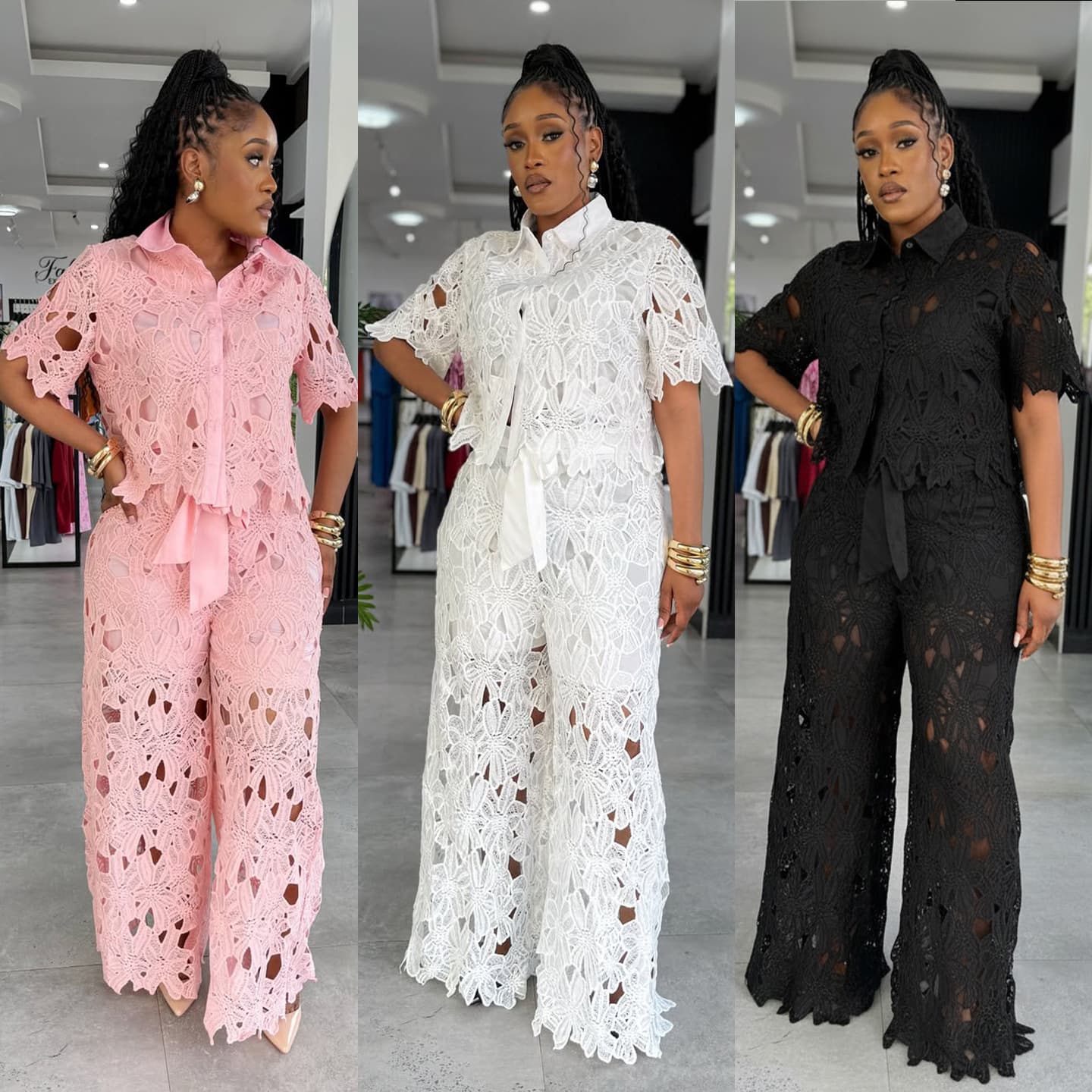 Elegant Office Lace Wide-Leg Pants Set With Hollow-Out Design & Tie Waist – Two-Piece Outfit For Women
