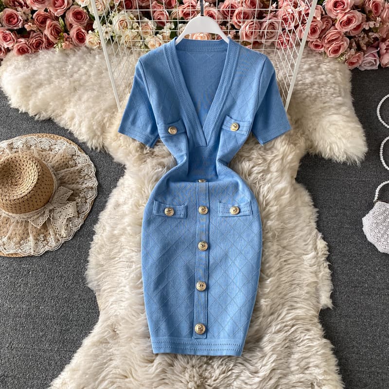Women's Small Deep V-neck Wrap Hip Knit Dress Short Skirt