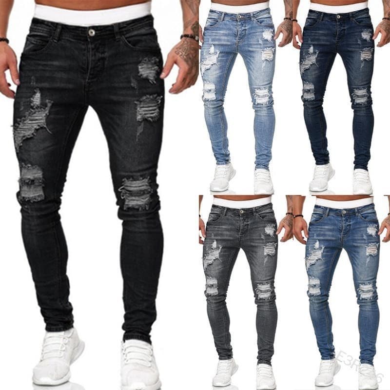 Men's Clothing trend hip hop trousers men's skinny jeans ripped badge skinny pants trend