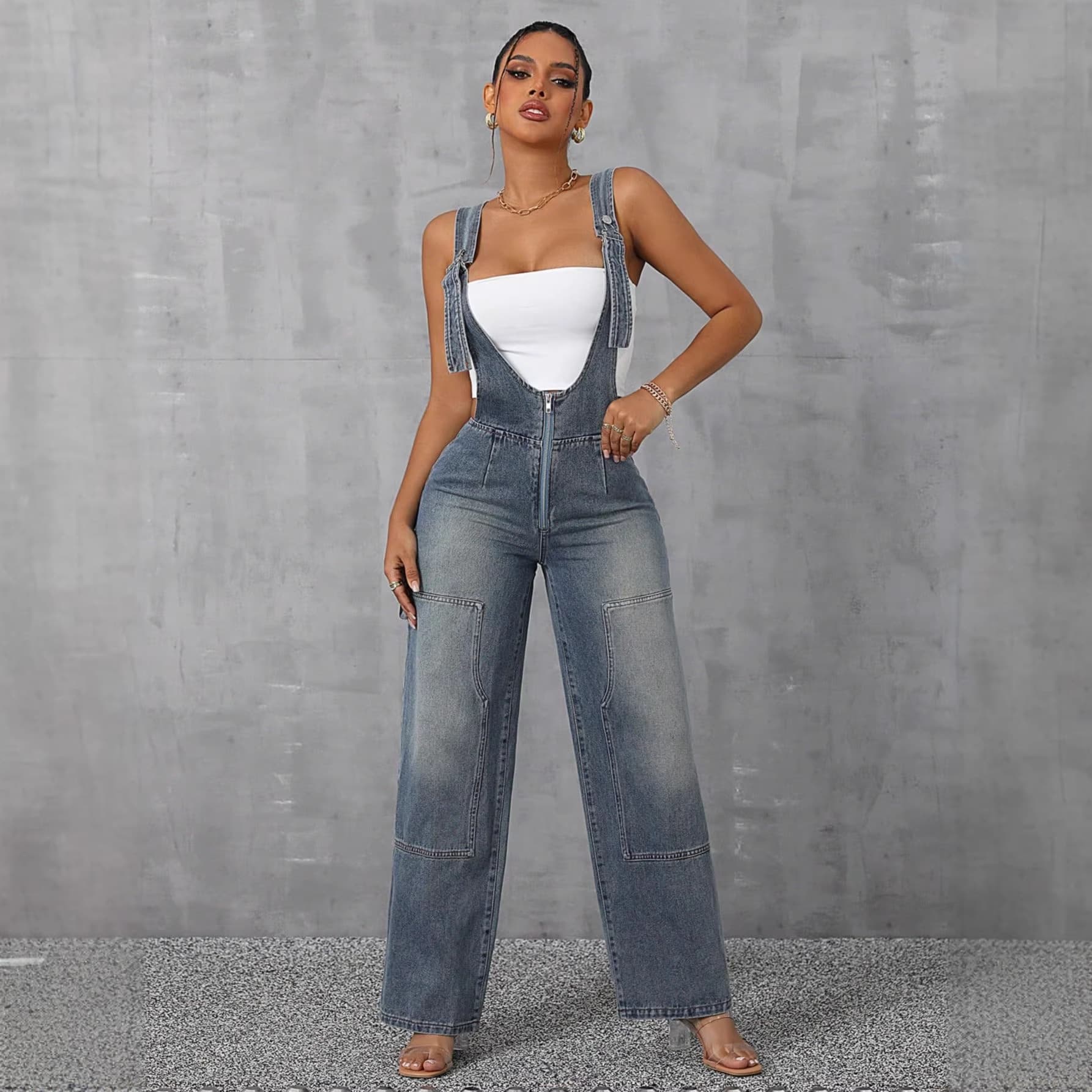 Women's Denim Jumpsuit – Strappy & Stylish, Wide-Leg Comfort, Edgy Streetwear Look