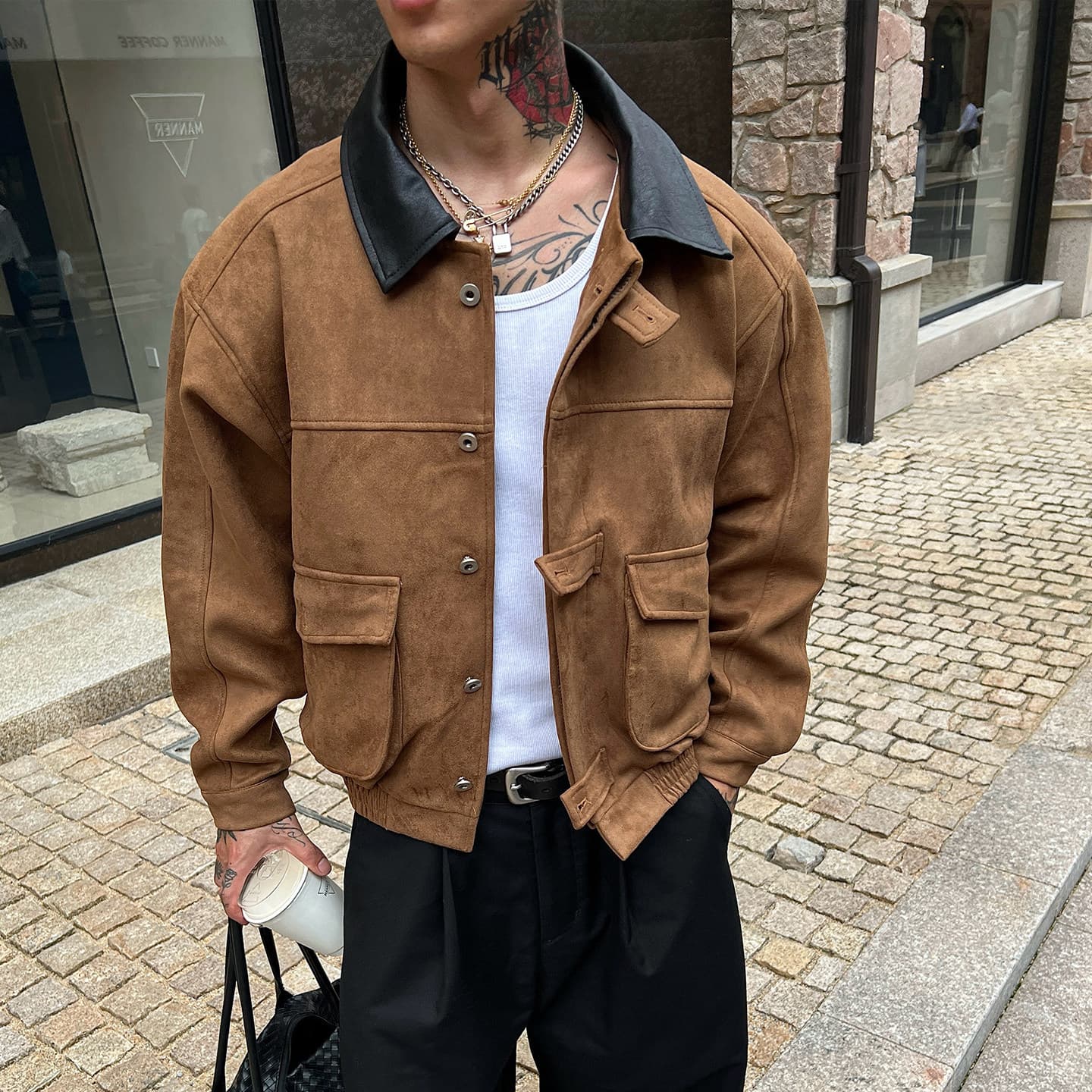 Men's Stylish Maillard Lapel Jacket Barn-Inspired Loose Fit Trendy Casual Coat for Spring And Autumn Brown Black Green