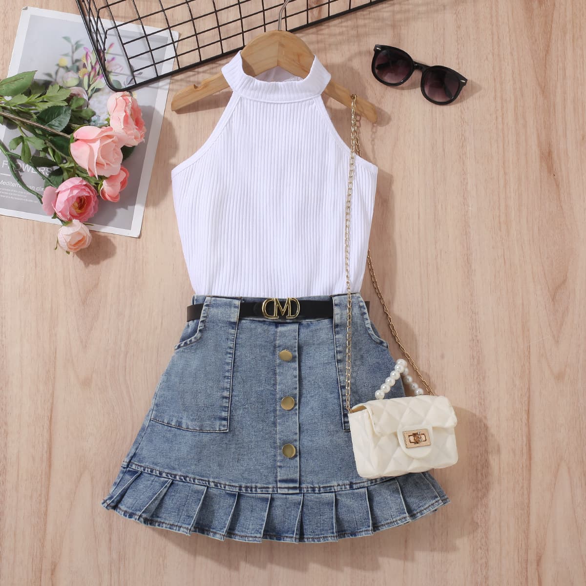 Baby Clothing Children's dress Girls solid color vest sleeveless top denim open bag pleated skirt suit