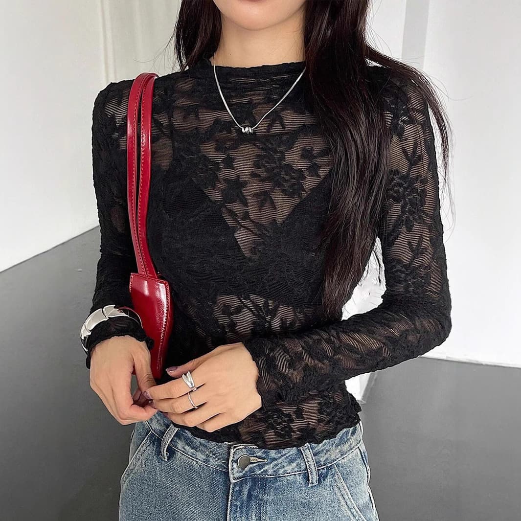 Women's Clothing New Women's Small Stand Up Collar Transparent Lace Tight Long Sleeved T Shirt Tops For Women