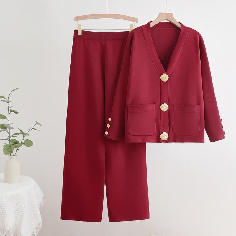 Women's Clothing autumn and winter new V neck single breasted metal button cardigan top wide leg pants knitted versatile two piece suit