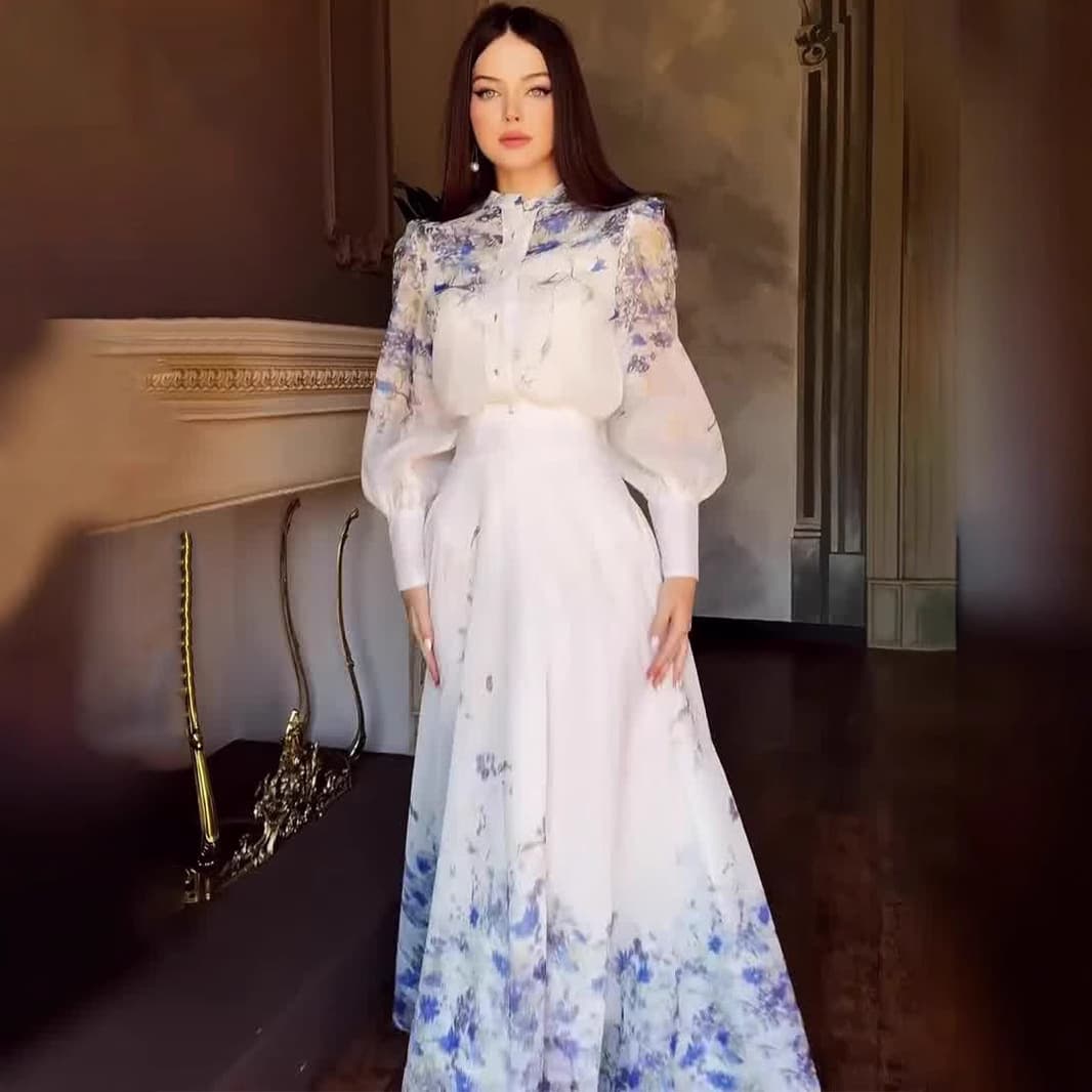 ​​Vintage-Inspired Long Sleeve Dress – Floral Print, Empire Waist & Bell Sleeves (Blue/White, S-Xxl, Poly-Cotton Blend)​​