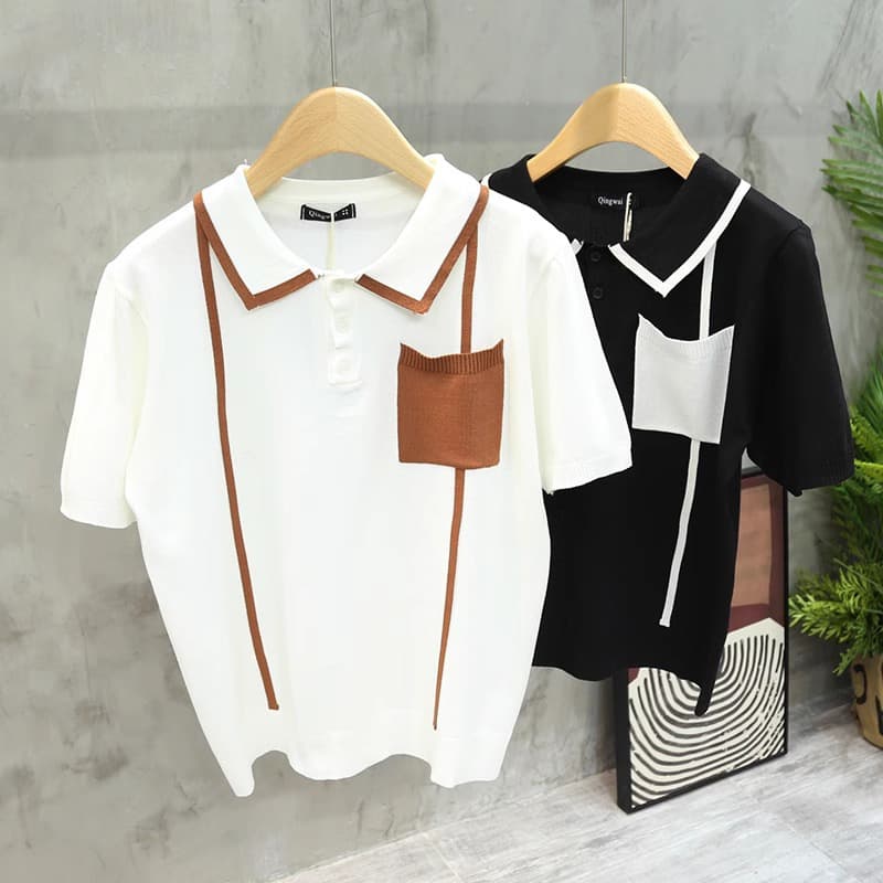 Men's Clothing Light luxury retro high end color matching pocket short sleeved Polo shirt men's summer thin slim lapel striped half sleeved T shirt