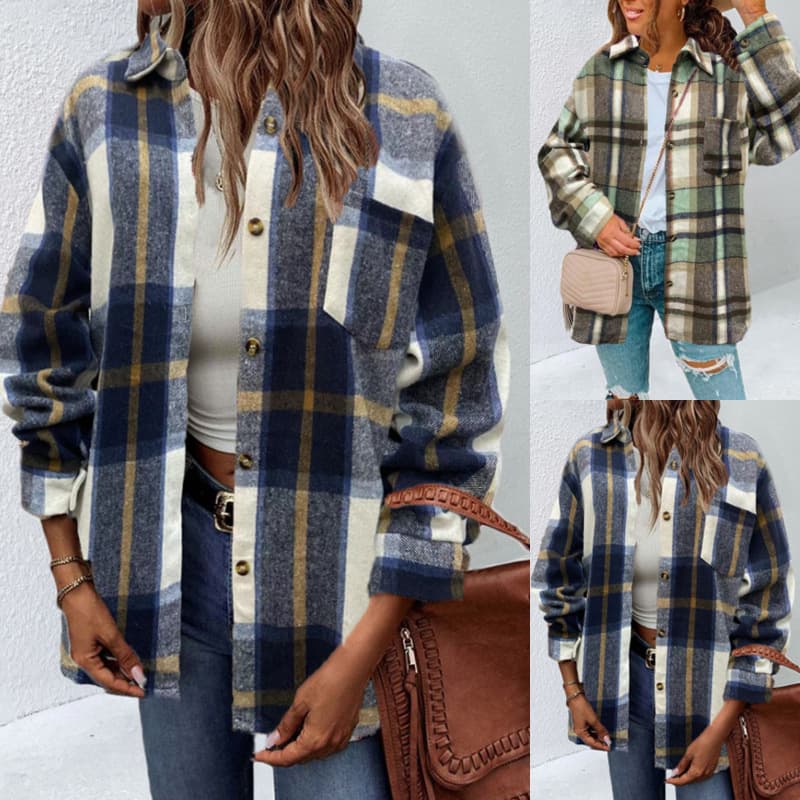 Women's woolen checked cardigan jacket