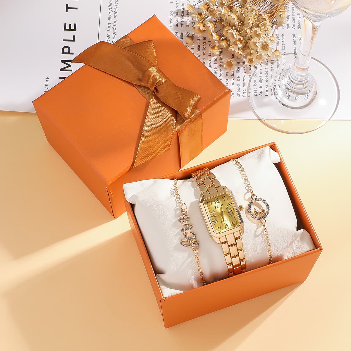New Women's Exquisite Square Dial Watch With Diamond-Studded Letter Bracelet Fashion Set