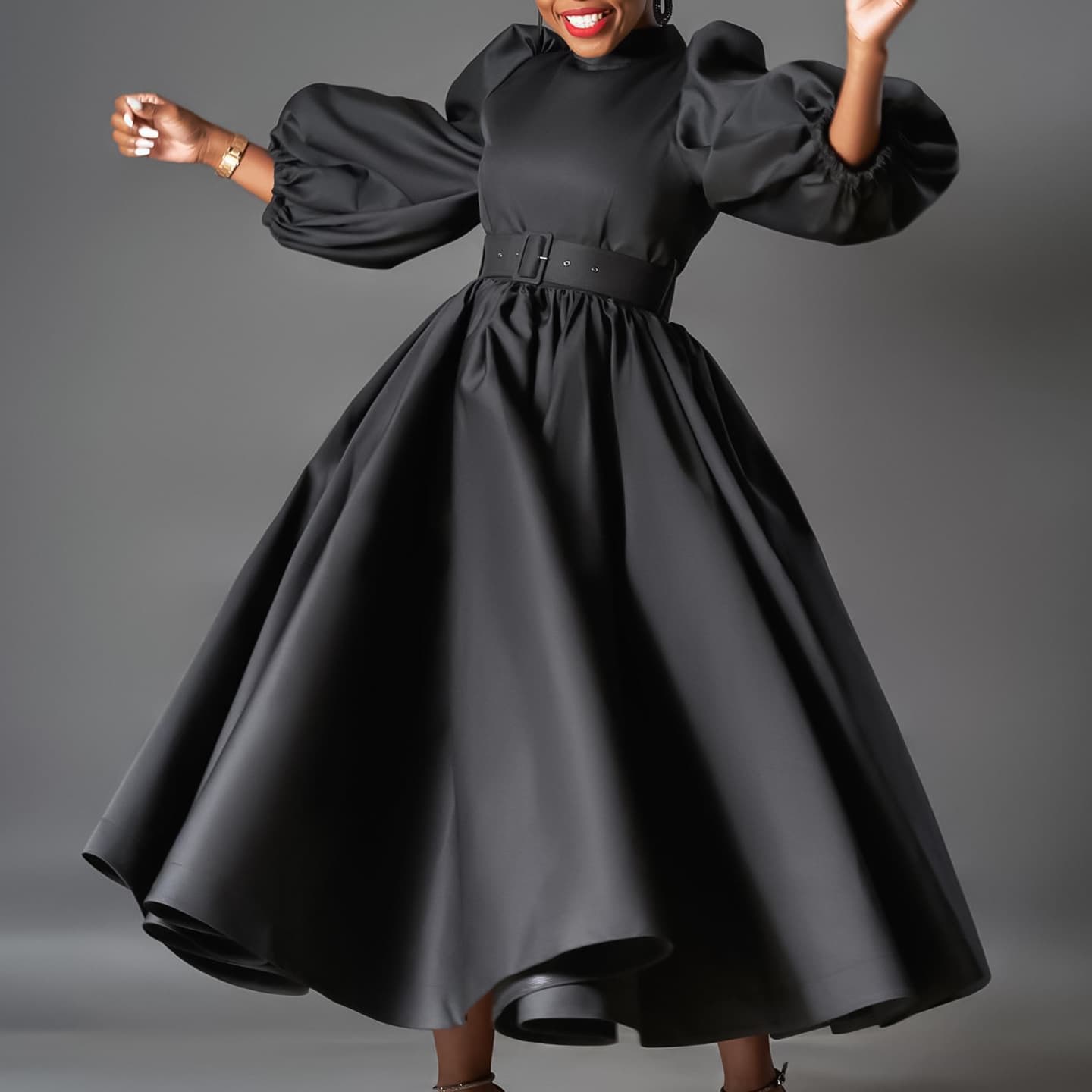 Women's Clothing Loose Plus Size Fashion Solid Color Big Skirt Puff Sleeves Mid Length Skirt Dress