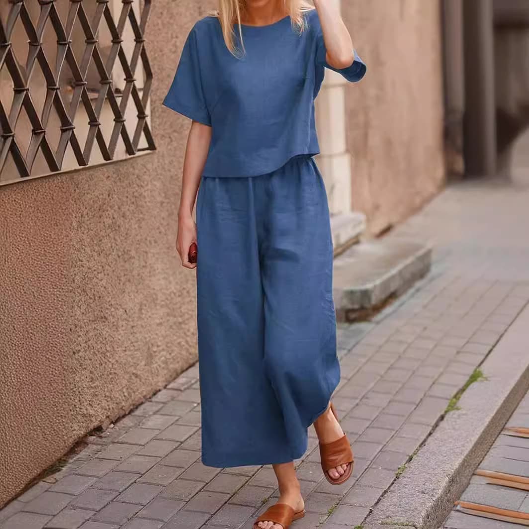 Women's large size suit loose solid color shirt trousers two-piece set