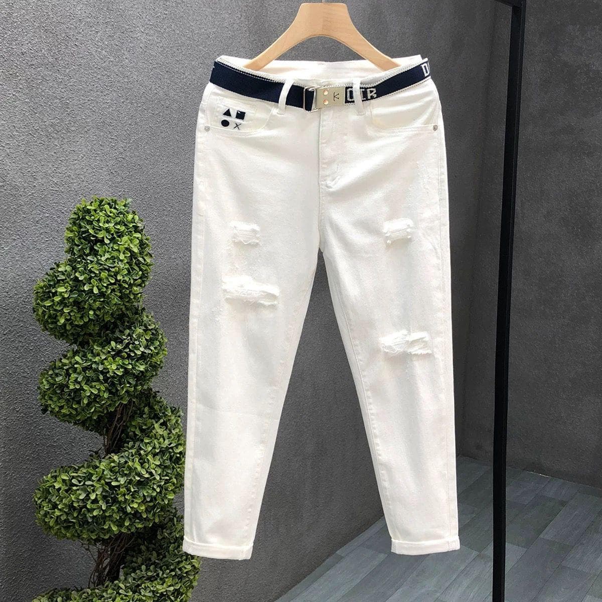 Men's Slim Fit Ripped Jeans Stretch Retro Style Cropped Length Korean Casual Skinny Jeans For Spring And Summer