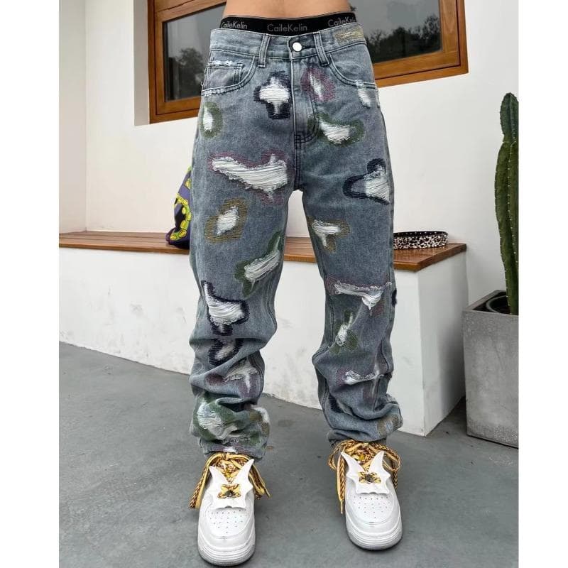 Men's Clothing American Heavy Industry Splicing Knife Cut Holes And Erosion Patch Jeans High Street Hip Hop Loose Straight Micro Flare Pants
