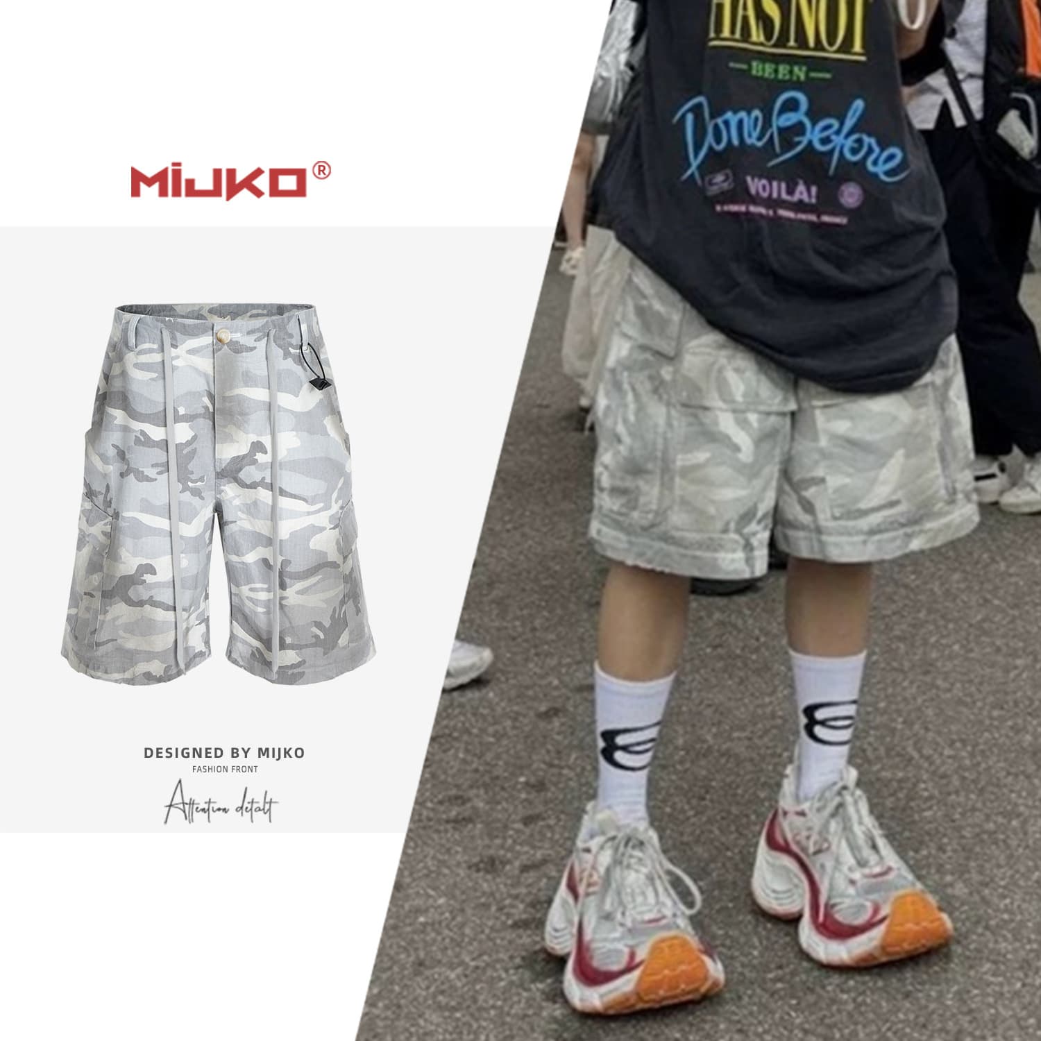 Men's Clothing Spring And Summer Drawstring Casual Shorts With The Same Pocket Spray Painted Dirty White Camouflage Overalls