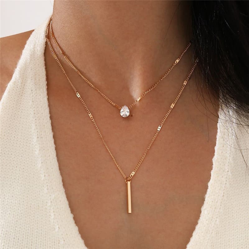 Simple Crystal Geometric Gold Color Pendant Necklace Set for Women Charms Fashion Square Rhinestone Female Jewelry 2023