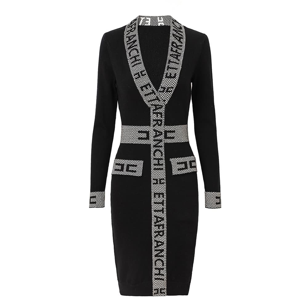 Women's Letter Pattern Long-sleeved V-neck Knitted Mid-length Pullover Waist Dress