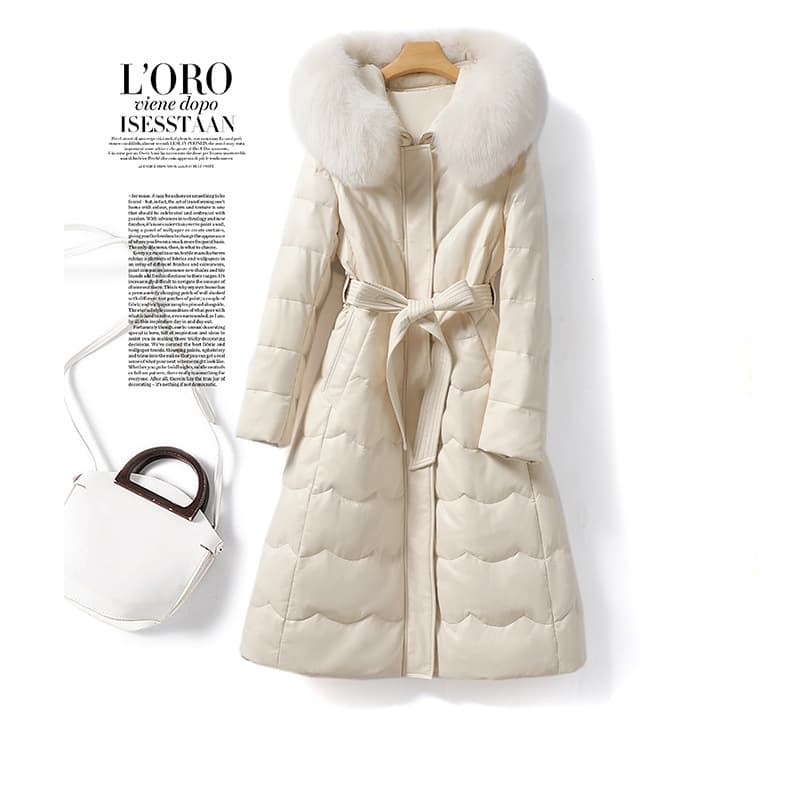 Nordlicht Genuine For Women, Mid-Length, Lace-Up, Hooded, Fox Fur Collar, Sheepskin, Haining White Duck Down Coat, Women's Leather