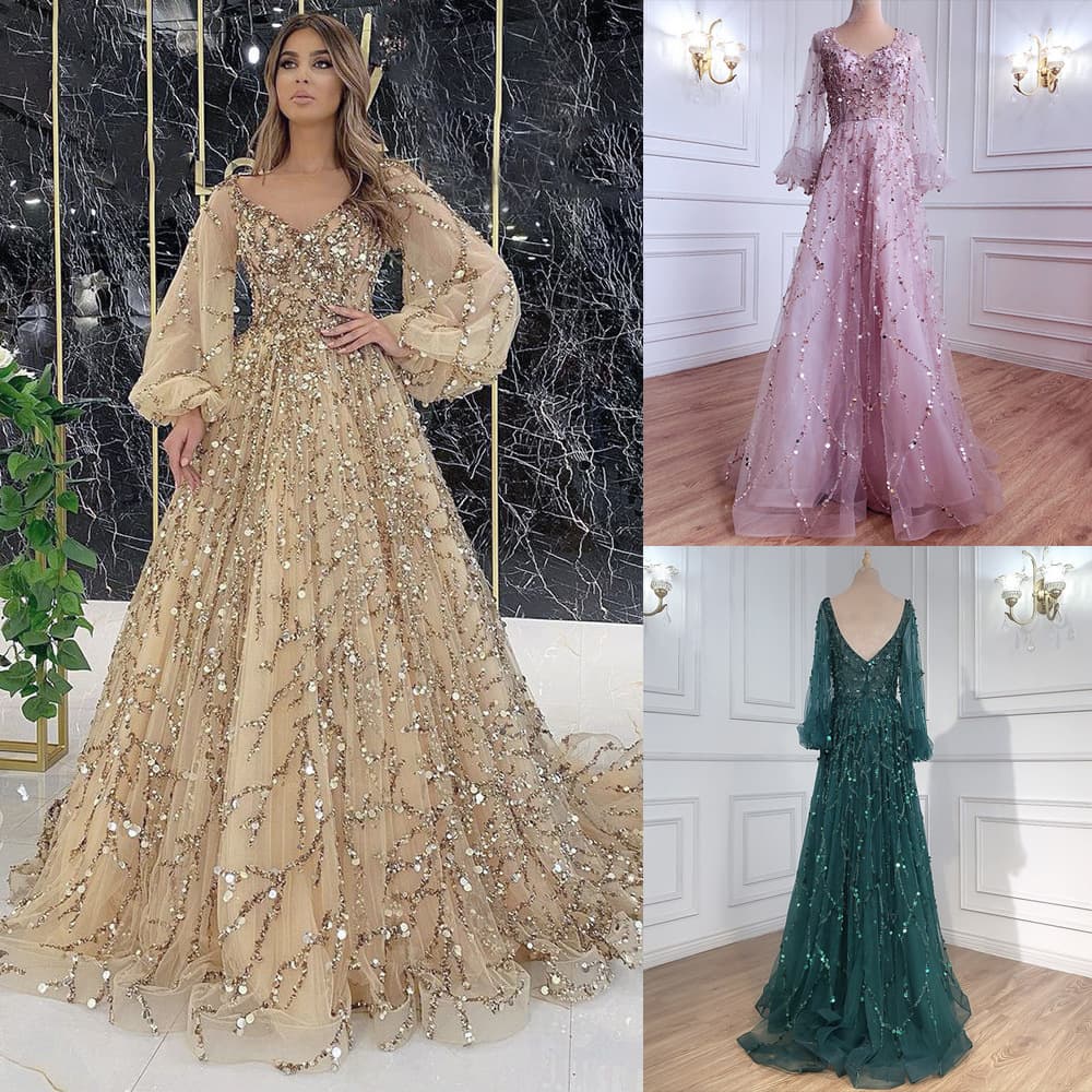 Women's Clothing Golden Heavy Beading Luxury Evening Dress Sexy Celebrity Aura Queen Long Dress SC7109