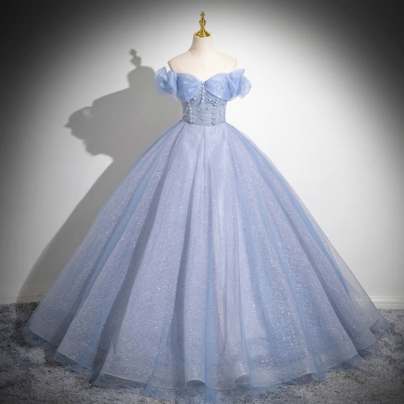Women's Clothing One Shoulder Light Blue Vocal Art Exam Performance Dress Solo Puffy Skirt Princess Coming Of Age Ceremony Host Annual Meeting Dress