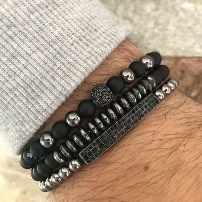 Jewelry Black Matte Copper Inlaid Zirconium Diamond Ball Flying Saucer Long Bracelet Bracelet Set Wholesale Men's Braided Bracelet