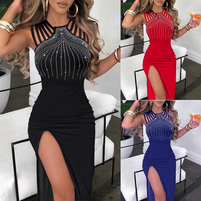 Glamorous High-Slit Bodycon Dress With Rhinestone Embellishments – Stretch Cotton-Polyester Blend, Backless & Sleeveless (S-XXL, Black/Red/Blue)