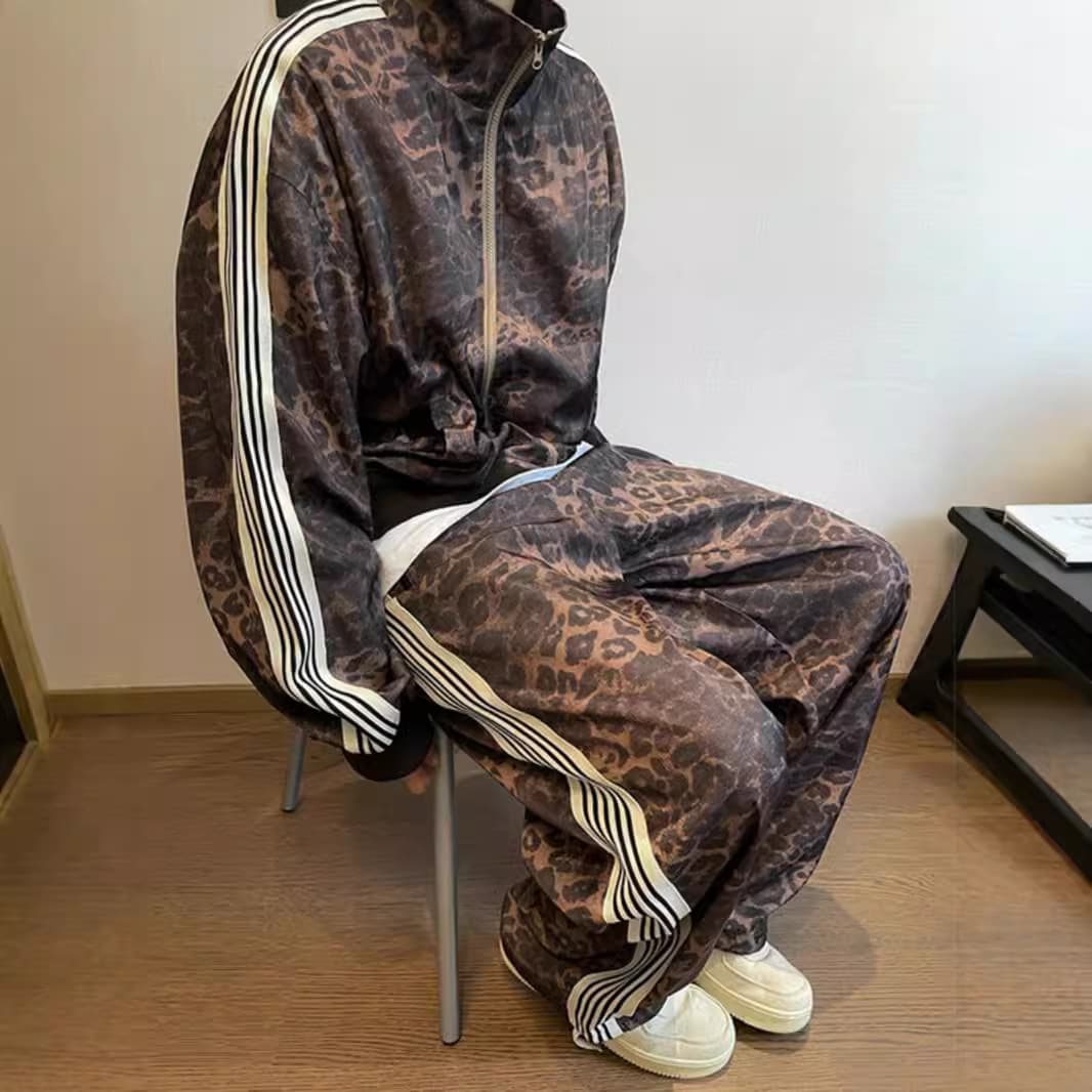 Ensemble de survêtement rétro imprimé léopard pour homme, veste et pantalon à imprimé numérique vintage, tailles M à 3XL