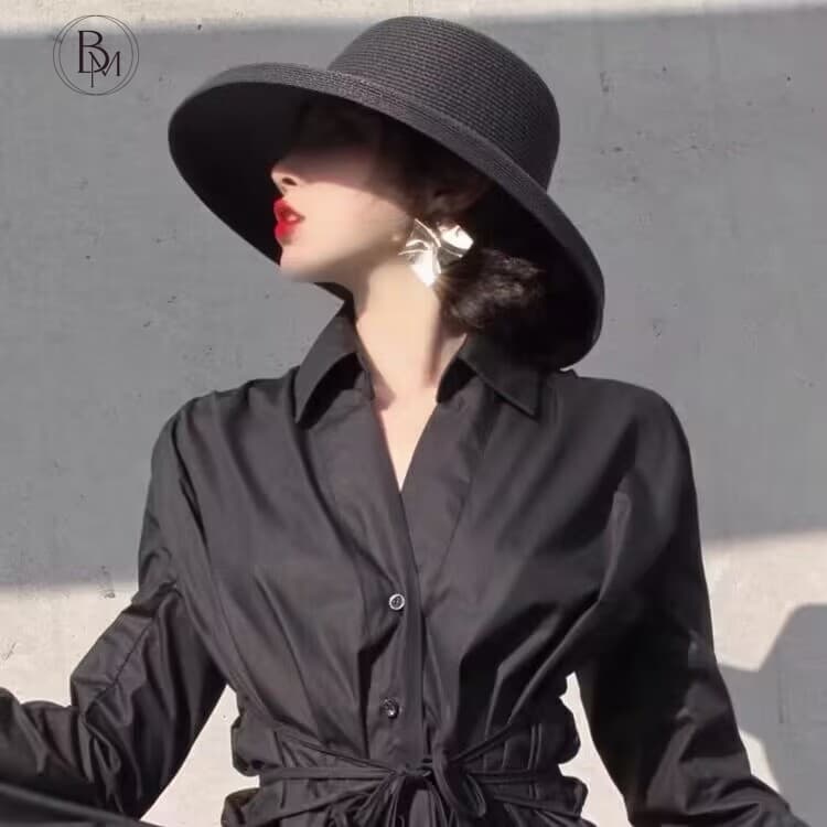 Women's Beach Hepburn Straw French Retro Fisherman Large Brim Black Hat With Foldable Sun Shade