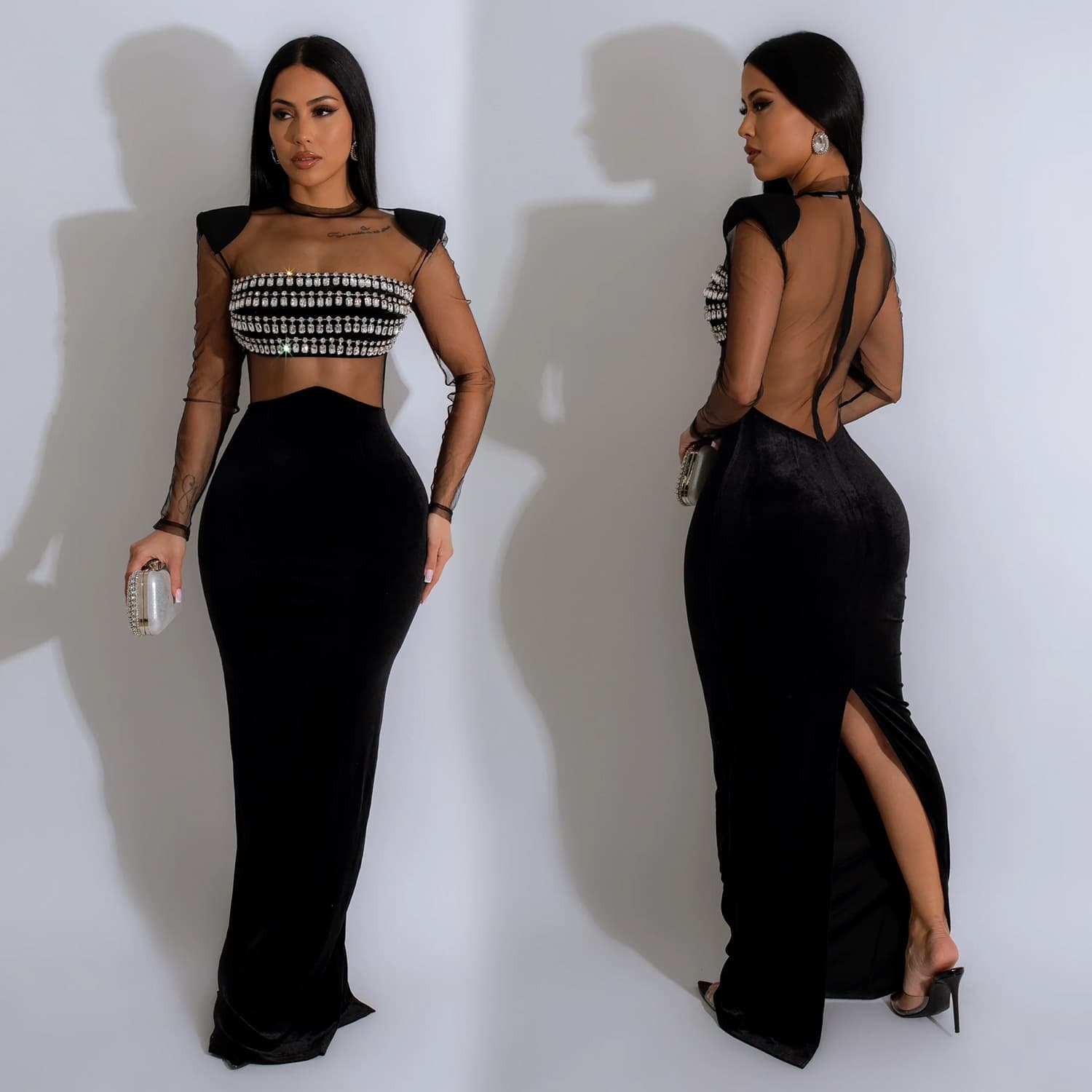 Women's Clothing Solid Color Mesh Rhinestone Long-Sleeved Long Skirt Dress