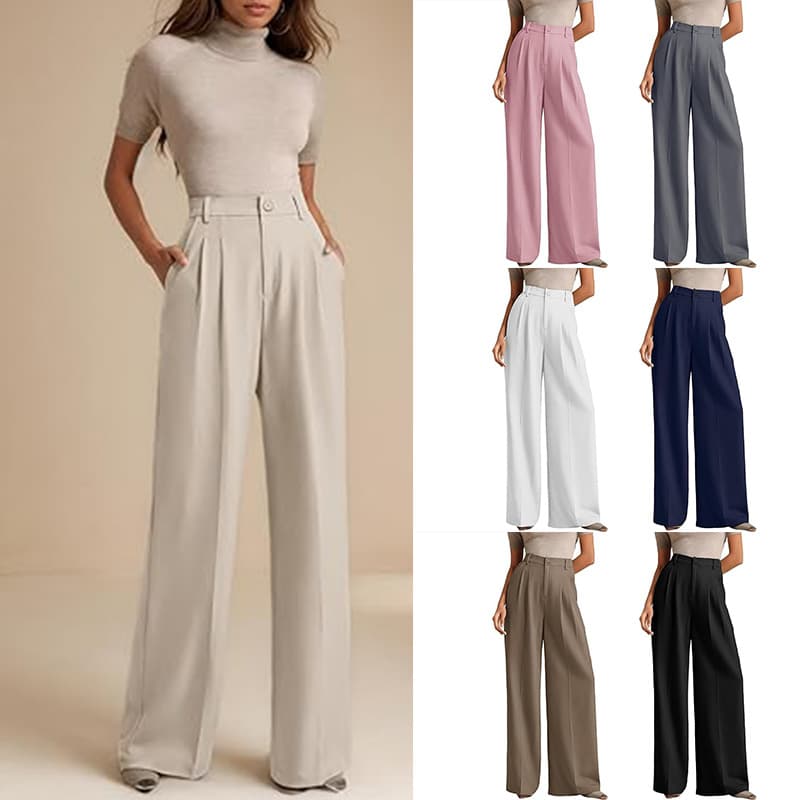Pantalon large taille haute élégant pour femme - Style bureau et décontracté - Polyester non extensible - Noir/Gris/Blanc/Beige/Kaki/Rose/Marine