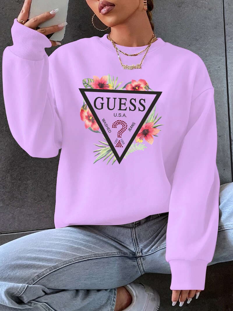 GUESS - Automne et Hiver Nouveaux Vêtements pour Femmes Filles Sens de la Mode Amusant Col Rond Manches Longues Sweat à Capuche
