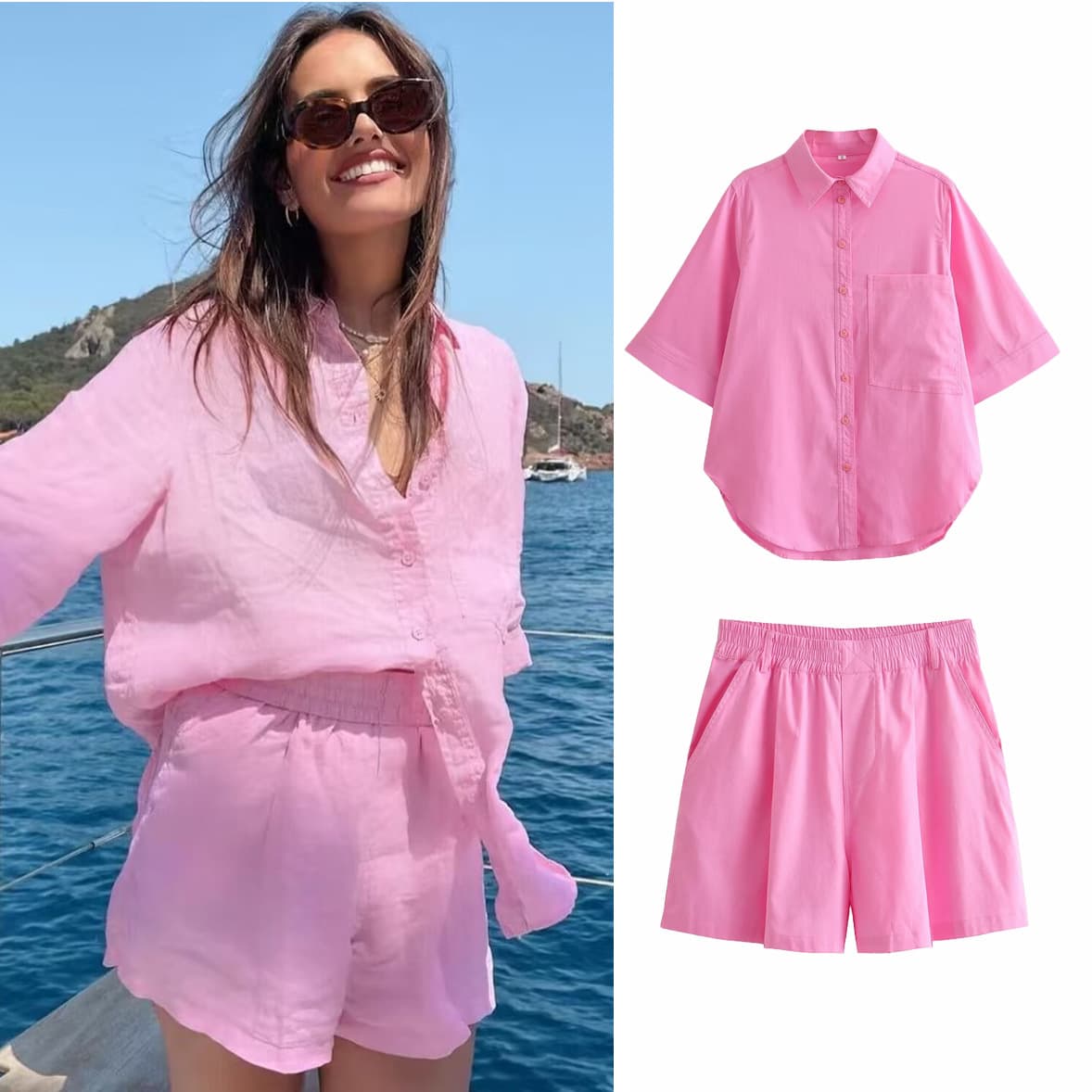 Women's clothing new style pocket imitation linen shirt top + imitation linen high waist shorts two-piece set 8BS9828