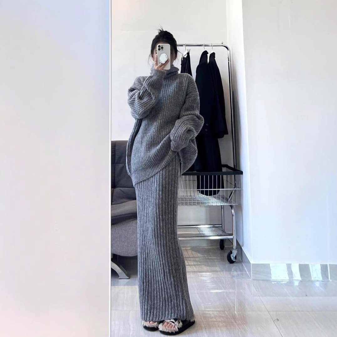 High End Light Luxury Lady French Retro Turtleneck Sweater Cold Fashion Two Piece Suit Simple Skirt Elegant