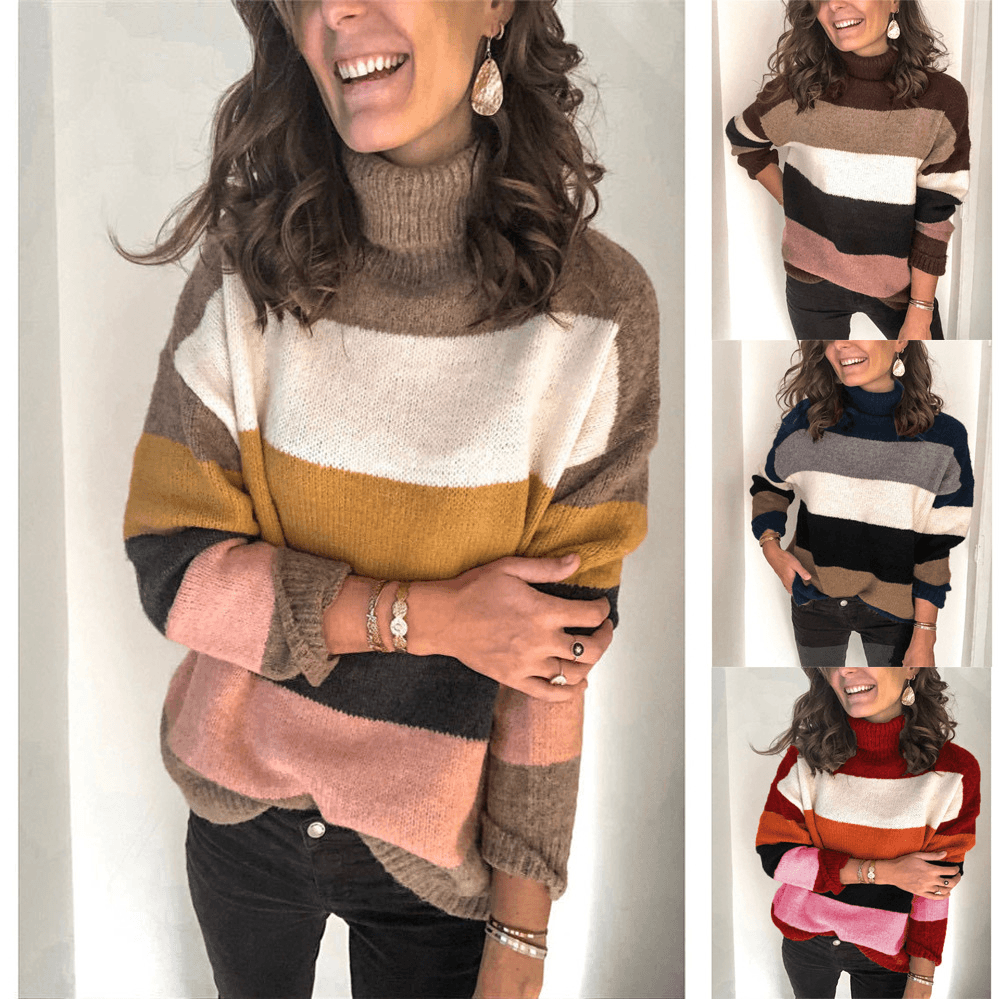 Women's Clothing Autumn and Winter New High-necked Stitching Sweater OL Large Size Ladies Striped Sweater