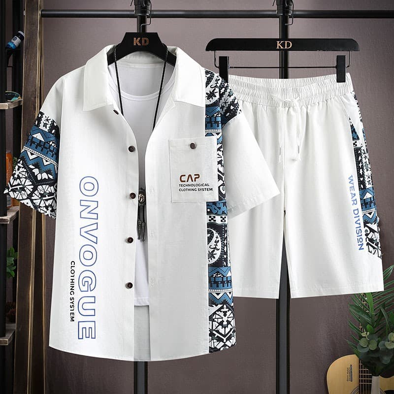 Men's Clothing Short-sleeved shirt suit men's summer trendy design splicing print casual sports shorts two-piece suit