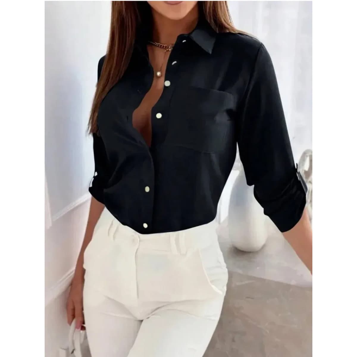 Women's Oversized Long Sleeve Shirt – Wrinkle-Resistant Polyester Blouse For Work & Casual (S-XL, Black/White/Blue)​