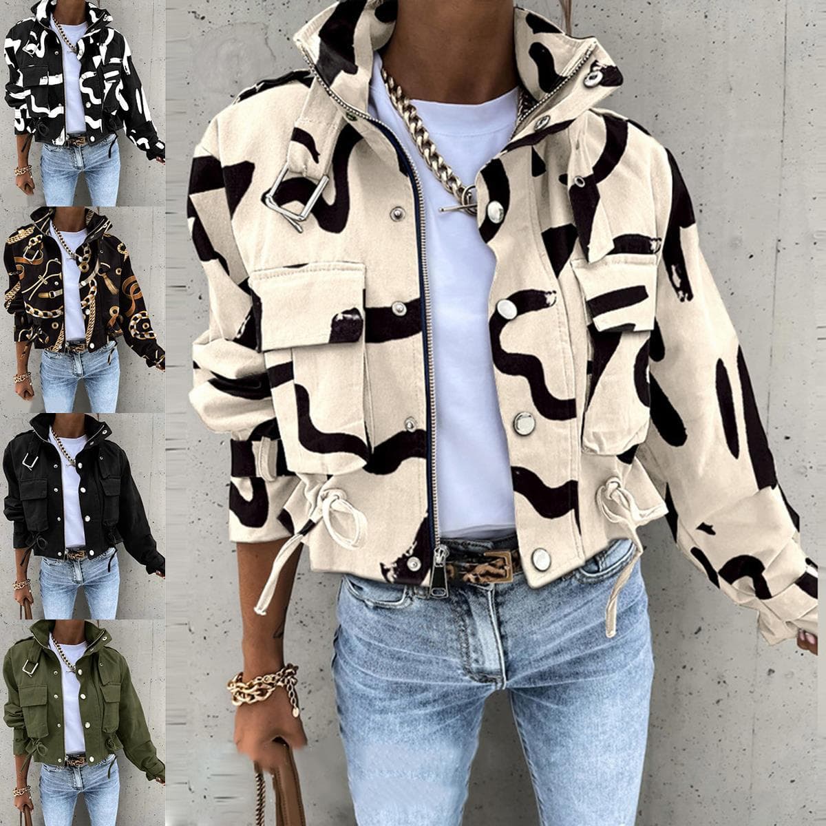 Women's Clothing 2024 Autumn and Winter Ladies Printed Short Casual Long sleeved Jacket Tops