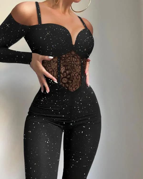 Women's Clothing Lace Hollow Fashion Jumpsuit Flash Highlights Knitted Fabric Suspender Jumpsuit