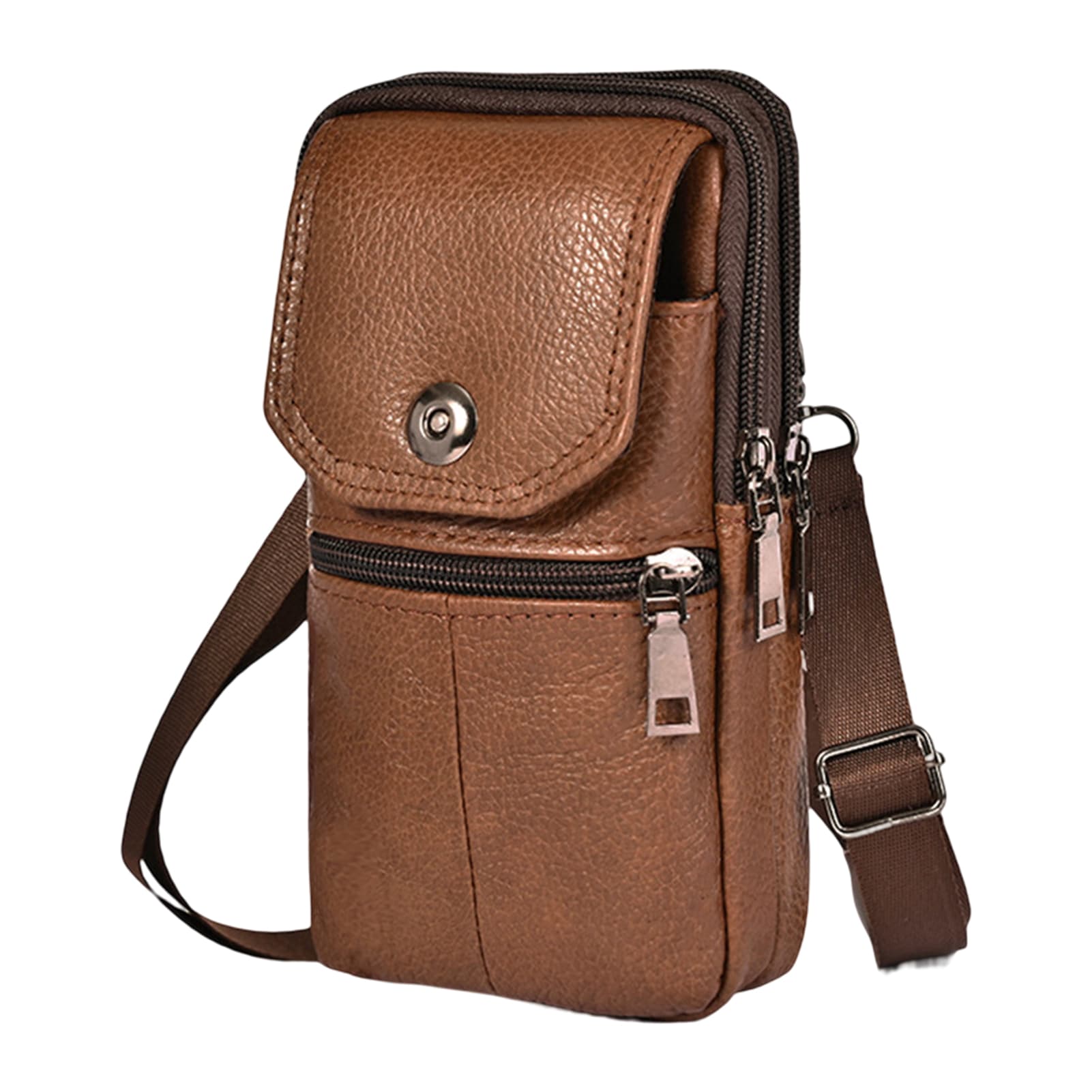 Kunjiuyou Multi Pockets Smooth Zipper Button Closur Phone Waist Bag Men Leather Mobile Phone Small Chest Shoulder Belt Bag-Brown