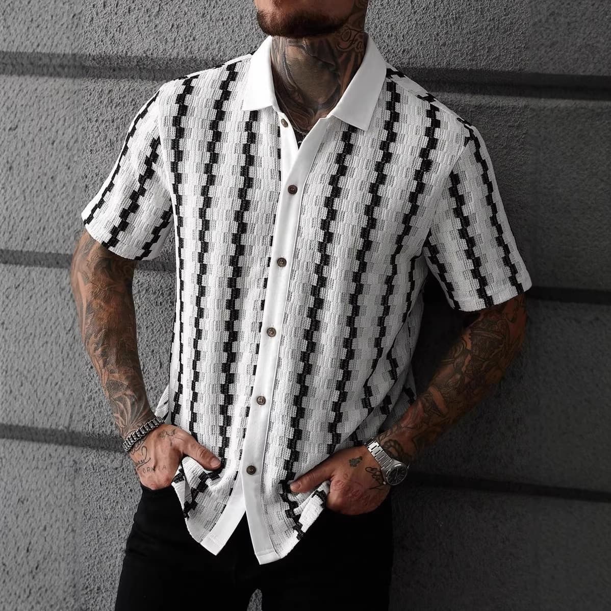 Men's Retro Check Knit Casual Shirt Short Sleeve Basic Style Polyester Spring Summer Top