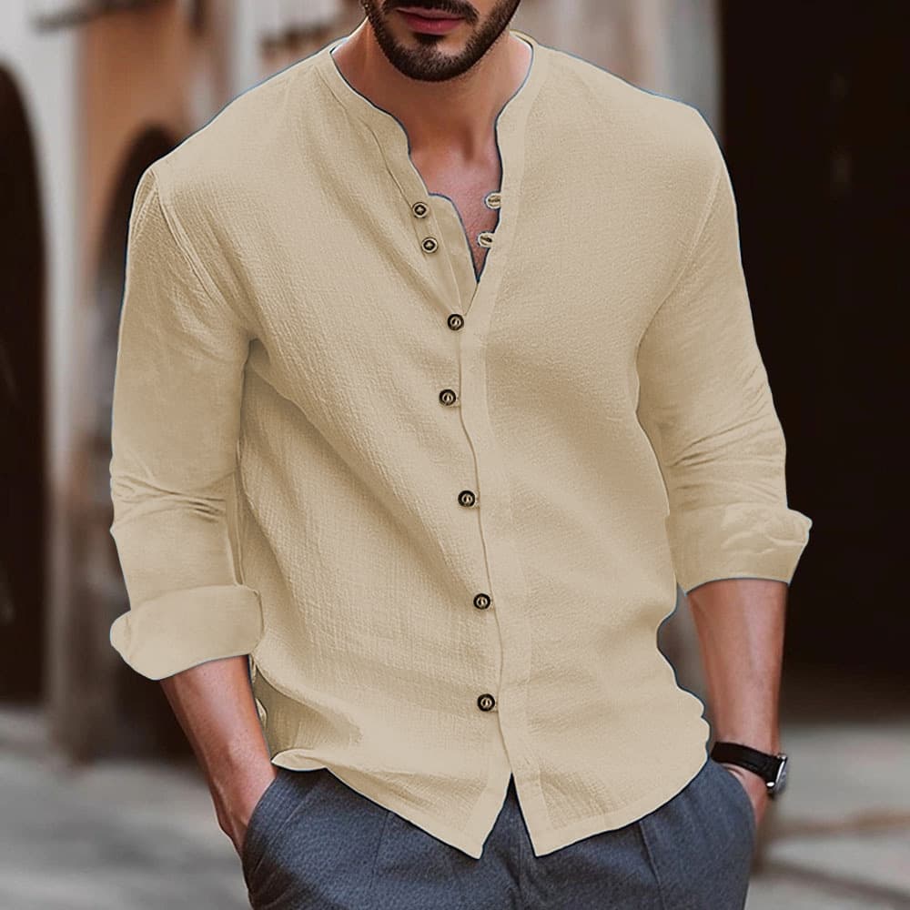 New men's cotton linen casual loose long sleeved shirt for autumn and winter