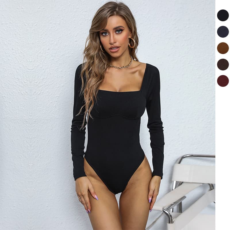 Women's clothing independent station jumpsuit women's tight one-line collar pit strip knitted jumpsuit