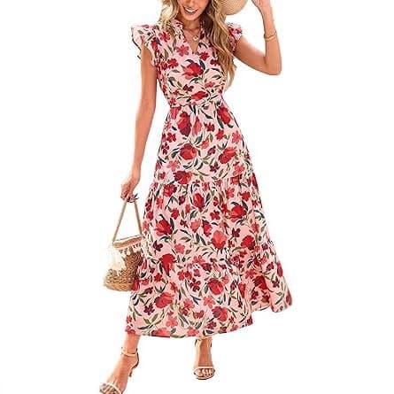 European And American Foreign Trade Cross Border Women's Clothing Hot Sale V Neck Pleated Flying Sleeves Printed Mid Length Dress